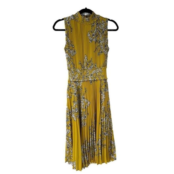 Nanette Lepore Yellow Floral Pleated High Neck Smock Waist Dress‎ Sz 4 Women’s - Picture 1 of 10